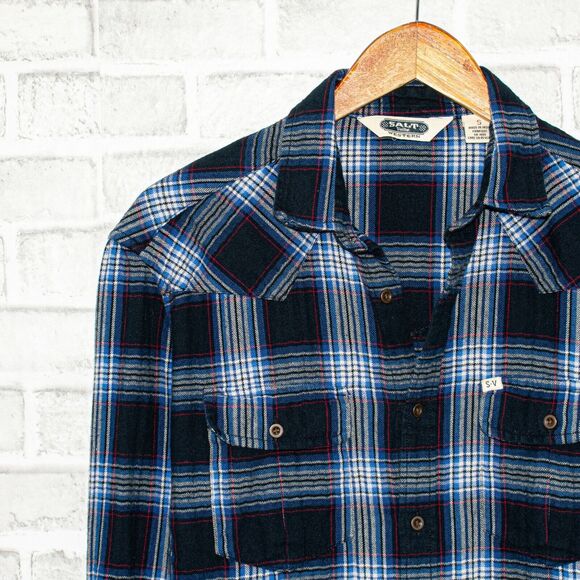 Salt Valley Western Flannel Shirt Blue Plaid Cotton Size Small - Picture 5 of 6